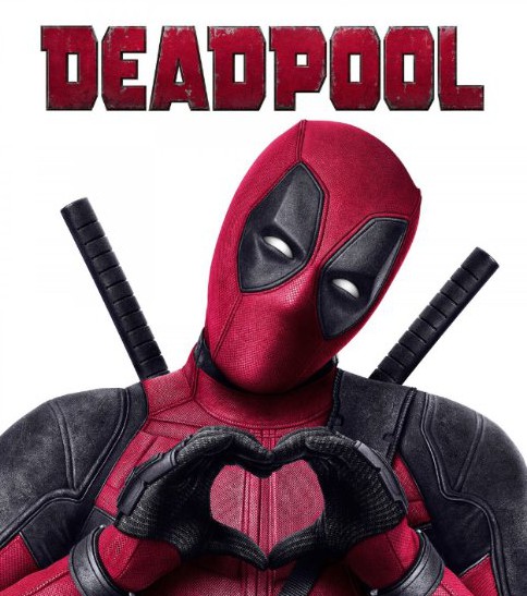 Deadpool poster featuring title and Deadpool in costume making a heart with his hands