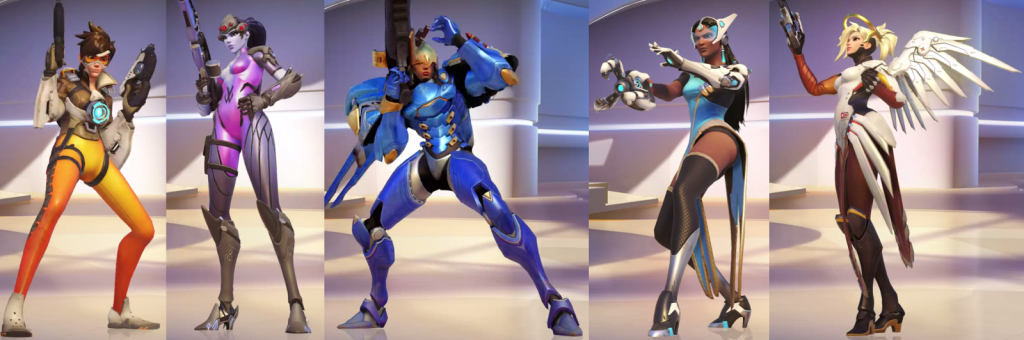 This picture features the first-released women heroes of Overwatch. From L to R: Tracer (offense), Widowmaker (defense), Pharah (offense), Symmetra (support), and Mercy (support).