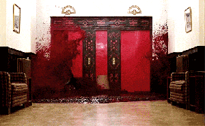 Gif of flood of blood pouring down the hallways of the Overlook Hotel