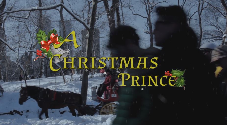 Movie title card over a background of New York City covered in snow