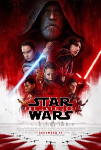 A movie poster with a large image of Luke Skywalker, and smaller pictures of Leia Organa, Rey, and Kylo Ren from The Last Jedi