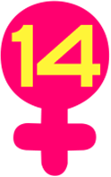 Her Story Arc Scale of Inclusivity image, a yellow number fourteen inside of a pink Venus symbol