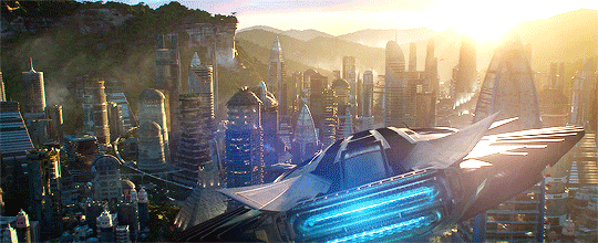 Gif of T'Challa's ship entering the futuristic capital of Wakanda